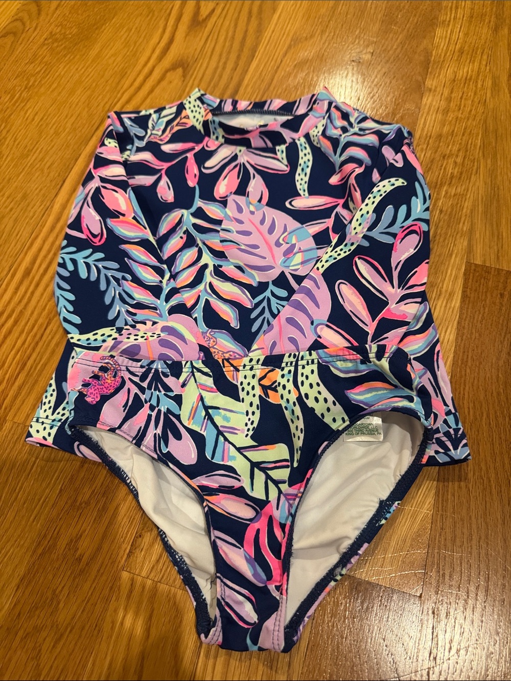 Lilly Pulitzer Navy One-Piece Rashguard with Pink, Purple & Aqua Leaf Print